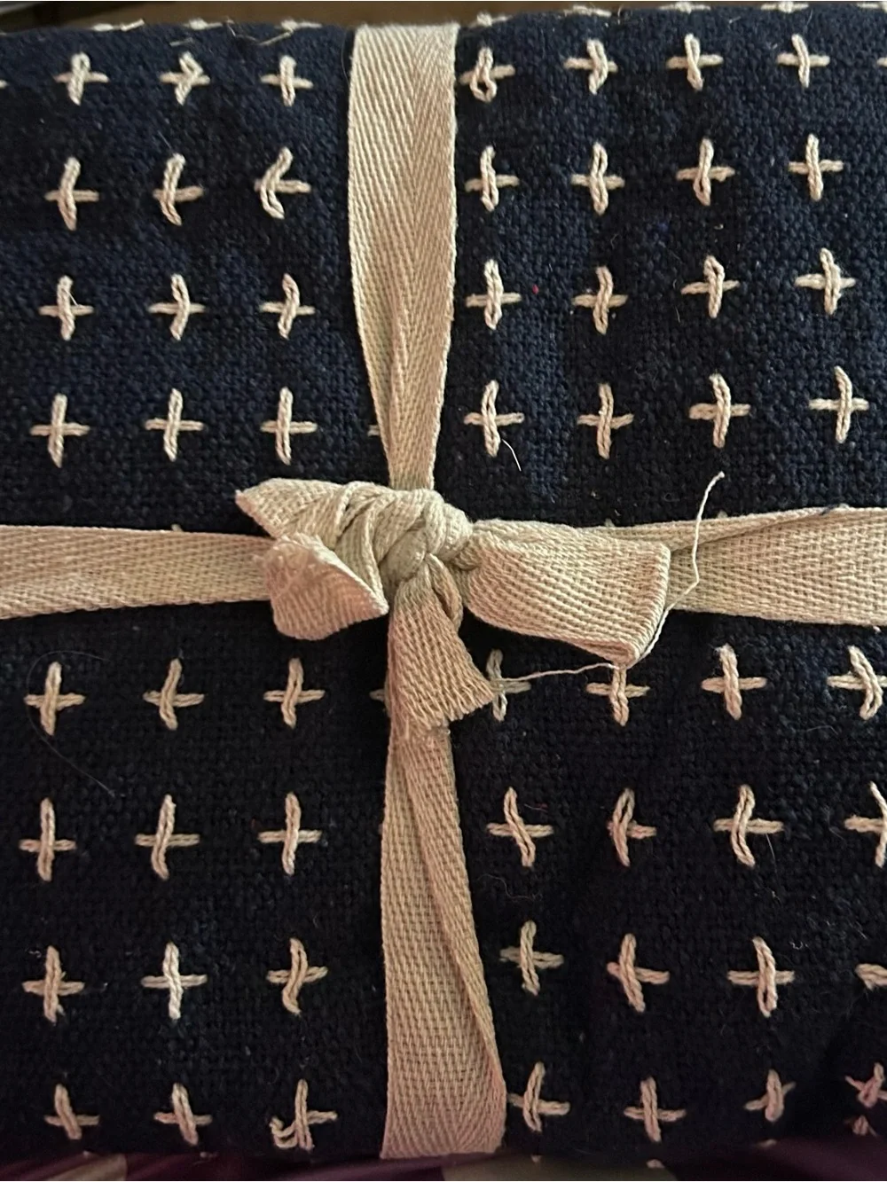 Harper Black Cotton Throw with Cream Cross Stitch Accents